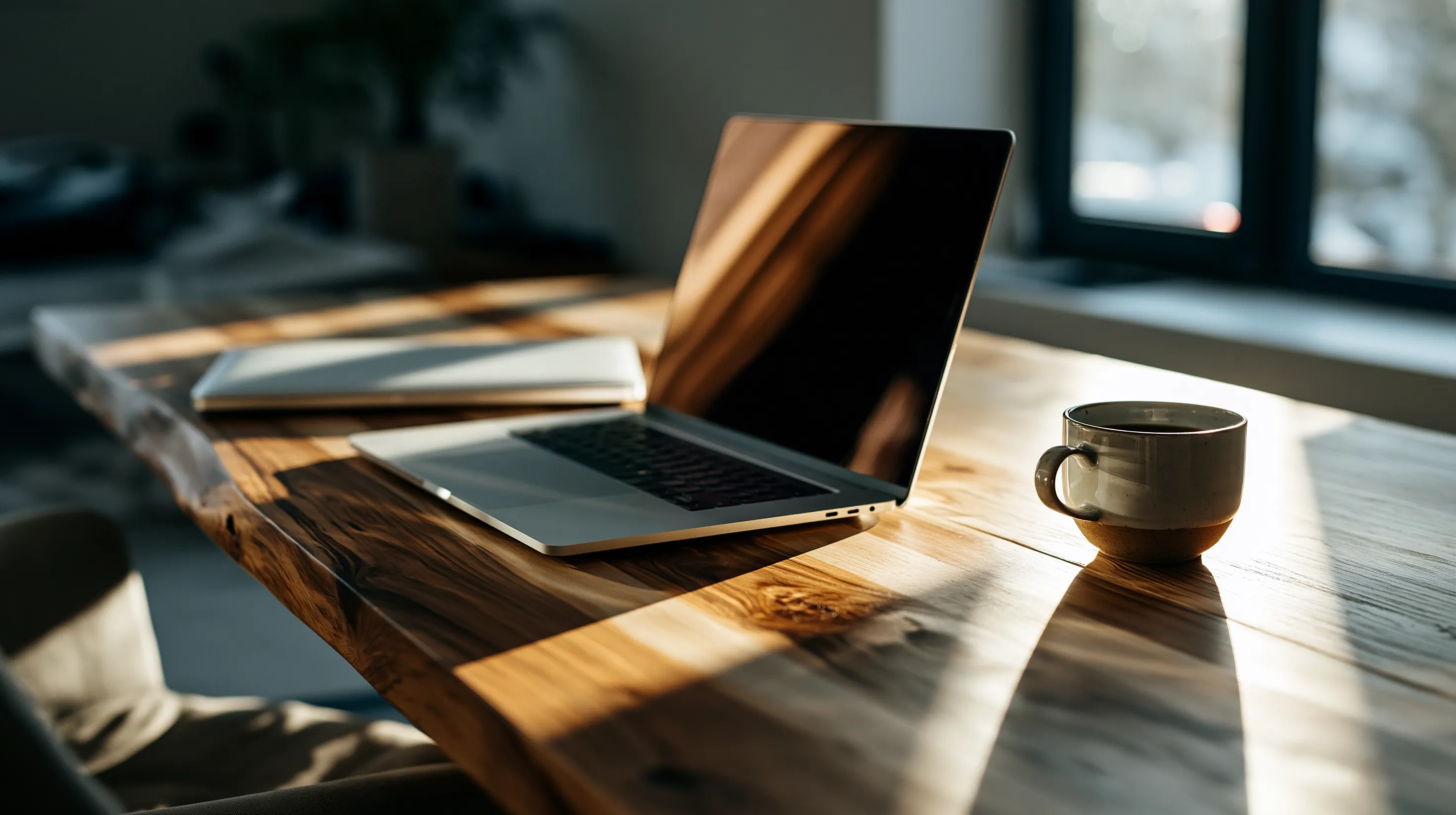 A clean, uncluttered desk with a single closed laptop in calm natural daylight.