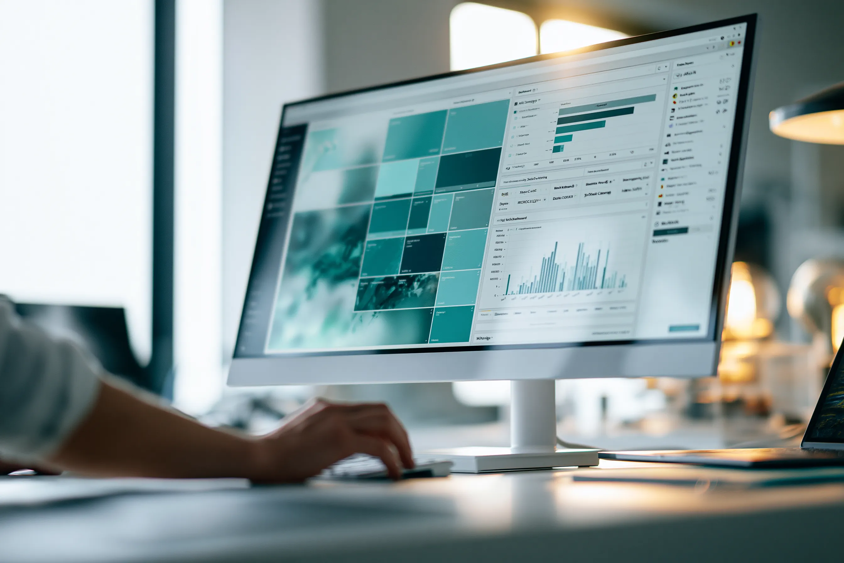 A single tidy monitor showing a soft, abstract dashboard with hands resting near a keyboard.