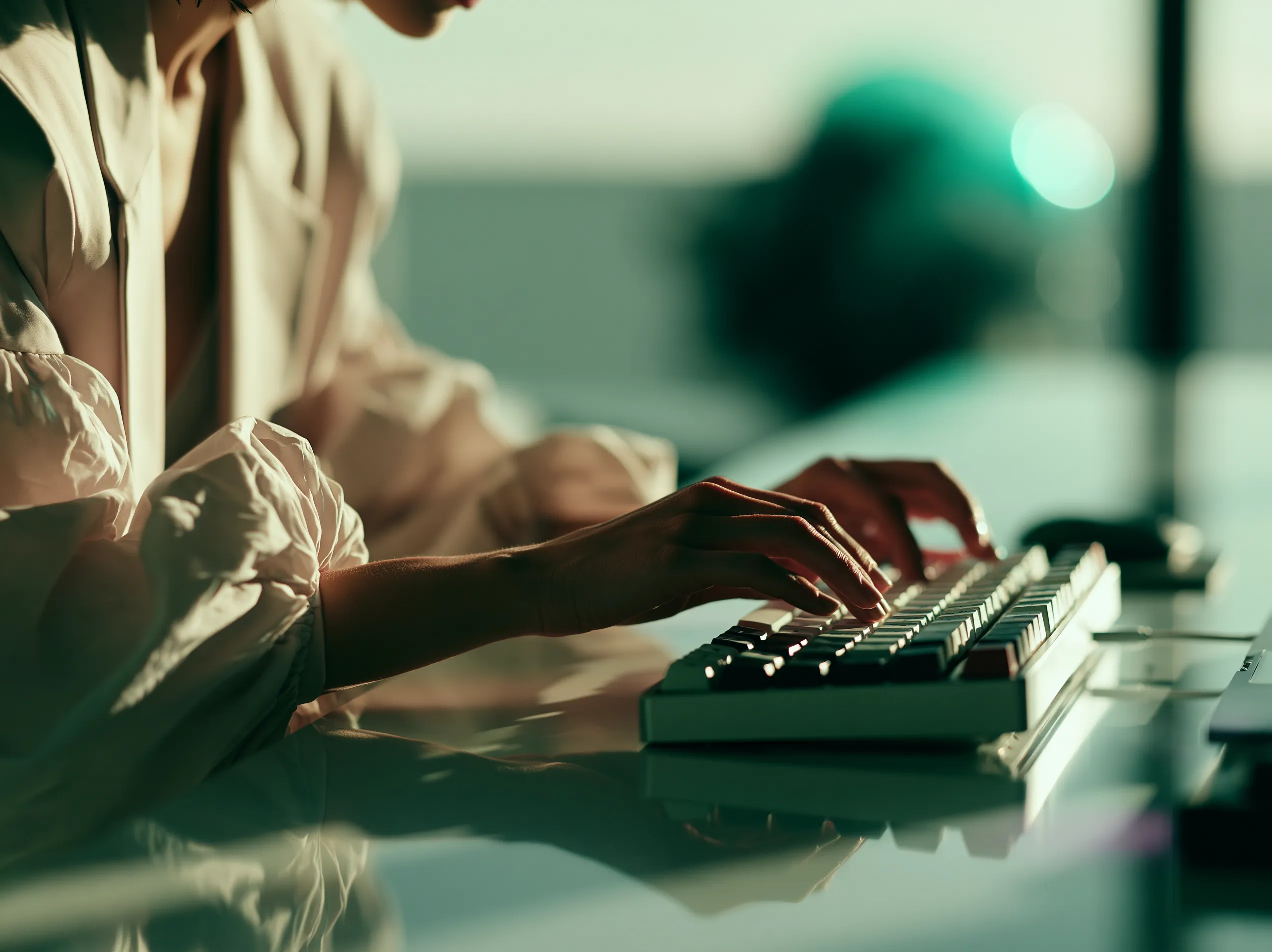Close-up of hands on a keyboard in warm light — the craft behind the builds.